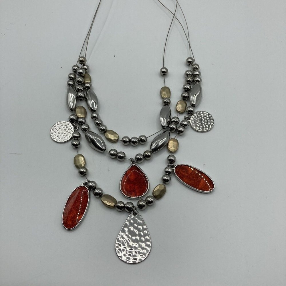 Chico's Statement Stations Silver Tone‎ Orange acrylic Beads pendant18" Necklace